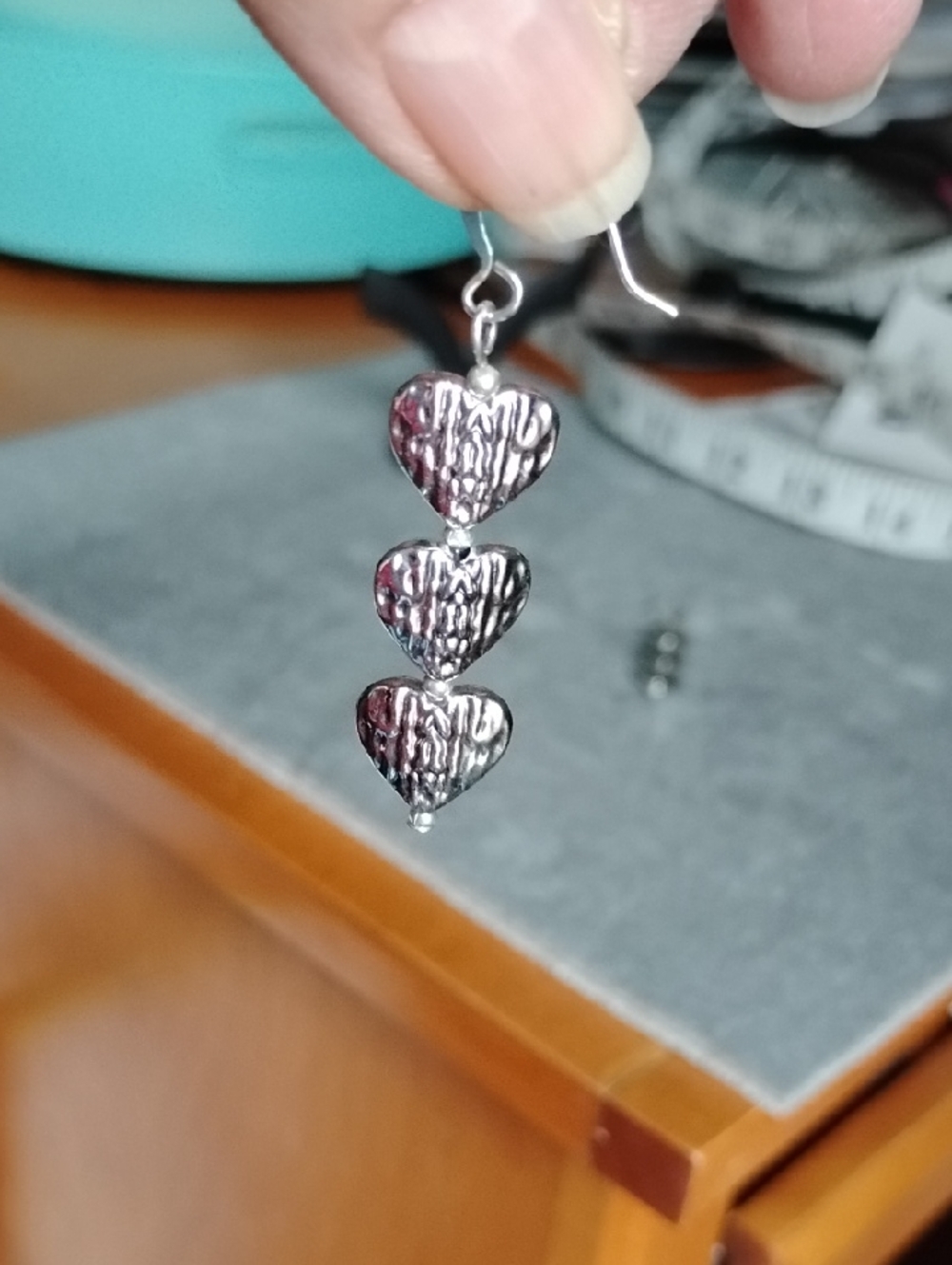 Hand Crafted Silver Triple Heart Drop Earrings - Picture 4 of 4